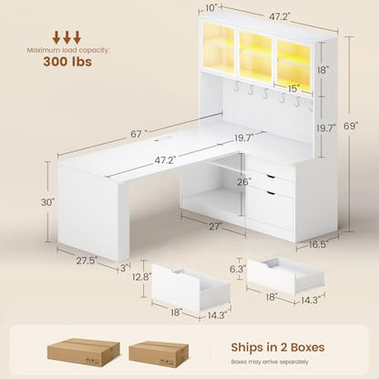SEDETA L Shaped Corner Gaming Desk with 3 Wood Drawer and Large Bookshelf - color: White