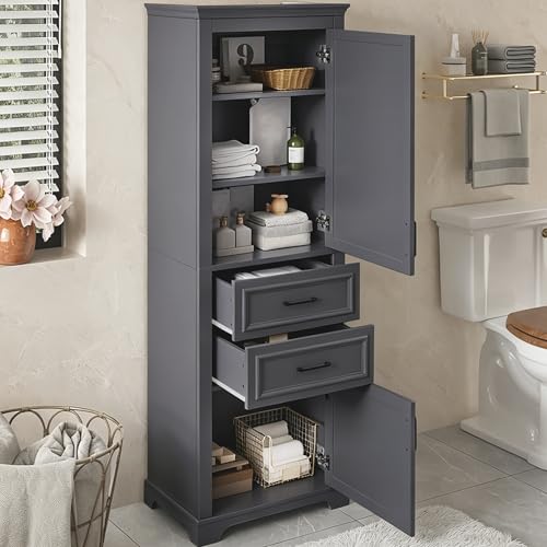 Tall Freestanding Storage Cabinet with 2 Doors & 2 Drawers, Multi-Purpose Organizer with Adjustable Shelf for Bathroom, Office, Living Room, Charcoal Grey - color: Charcoal Grey