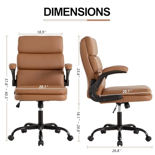 Mid Back Office Desk Chair,Leather Conference Room Chairs,Ergonomic Home Computer Chair,Modern Executive Chair with Padded Flip-up Armrest and Swivel Wheels (Brown) - color: Brown