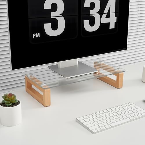 YEOUX Multi-Purpose Desktop Stand - 17.0" x 9.0" x 3.5" (Clear & Beech) | Clear Floating Glass Top with Natural Wood Base, Desk Organization, for Computer, Printer, Laptop, Audio Device, Flat Screen - color: Beech&Clear