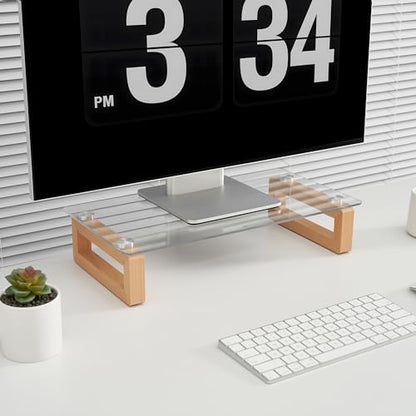 YEOUX Multi-Purpose Desktop Stand - 17.0" x 9.0" x 3.5" (Clear & Beech) | Clear Floating Glass Top with Natural Wood Base, Desk Organization, for Computer, Printer, Laptop, Audio Device, Flat Screen - color: Beech&Clear