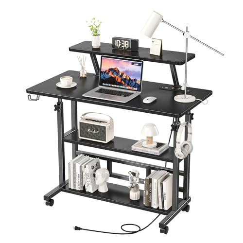 Adjustable Height Standing Desk with Power Outlets, Rolling Stand Up Desk with Monitor Stand and Storage Shelves, 31.5" Small Mobile Computer Desk, Portable Laptop Table (Black with Monitor Stand) - color: Black, size: 31.5" With Monitor Stand