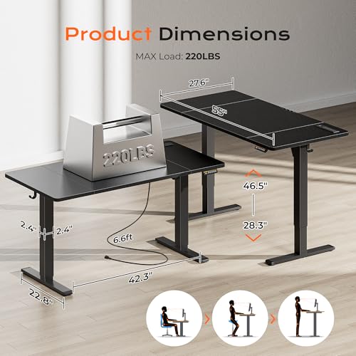 Huuger 55 x 28 Large Electric Standing Desk with 4 AC Outlets, Type-C Port, Height Adjustable Computer Desk, 27.6" Deep Desktop, Stand up Gaming Desk, 3 Preset Heights, for Home Office, Black - color: Black, size: 55*28 inch (with outlets)