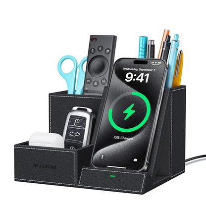 Wireless Charger with Desk Organizer, 3 Compartments and 1 Phone Stand - color: Black