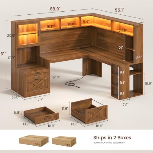 SEDETA Farmhouse 68" L Shaped Office Desk with Hutch, Storage Drawers - color: Brown, size: 68 inches