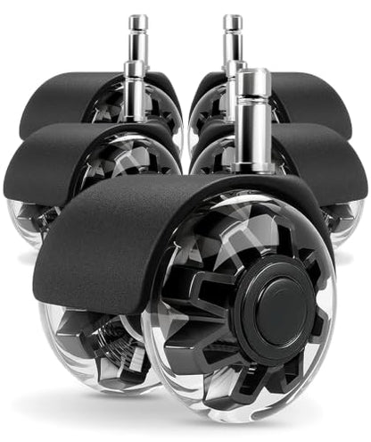 Office Chair Wheels, 2 Inch Rubber Rollers, Heavy Duty, Safe for Hardwood Floors, Carpets, Mats, Universal Size 11x22mm, Smooth and Quiet, Set of 5 (Black & Clear-Dual/2inch) - style: Black & Clear-Dual/2inch