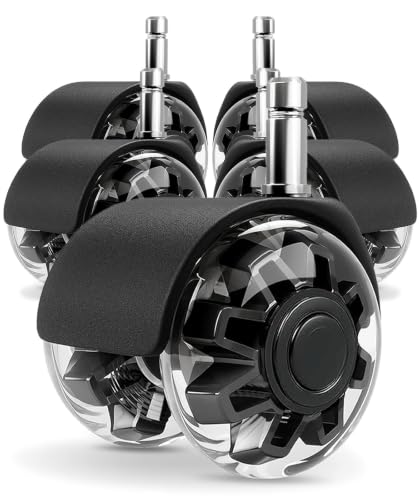 Office Chair Wheels, 2 Inch Rubber Rollers, Heavy Duty, Safe for Hardwood Floors, Carpets, Mats, Universal Size 11x22mm, Smooth and Quiet, Set of 5 (Black & Clear-Dual/2inch) - style: Black & Clear-Dual/2inch