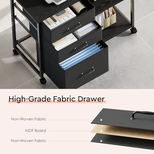 Maihail 3 Drawer File Cabinet with Wheels with Open Storage Shelf, Black - color: Black