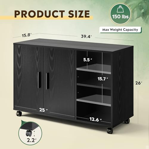 DEVAISE Office Storage Cabinet, Lateral Printer Stand, Black | Doors and Shelves, Mobile File Cabinet, Large Office Supplies and Craft Storage - color: Black