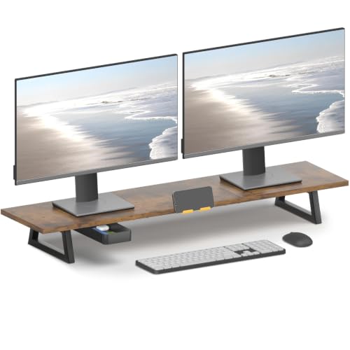 TEAMIX 39.4 inch Dual Monitor Stand Riser with Drawer & Phone Holder, Brown | For Computer, Laptop,Printer, Wood & Steel, Holds 100 lbs, Keyboard Storage Underneath, For Home Office Gaming Organization - color: Brown, size: 39.4 inch