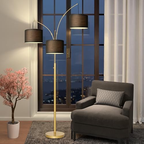 Dimmable Floor Lamp, 3 Lights Gold Arc Floor Lamp, Modern Tall Standing Tree Lamp with Black Linen Shades & Heavy Base, 3000LM LED Bulbs, Bright Lighting for Living Room, Bedroom, Office & Reading - color: Gold-Black Shade