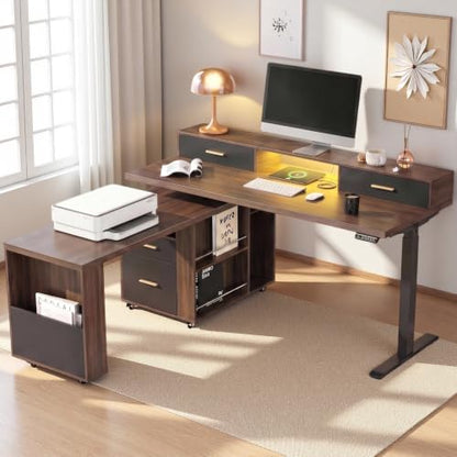61'' L Shaped Electric Standing Desk, 360° Rotating, 4 Drawers | Height Adjustable Desk with LED Light, Monitor Riser & File Cabinet, Sit Stand Home Office Desk, Power Outlet, Black Walnut