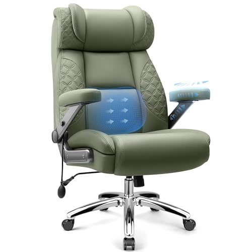 Big and Tall Office Chair, Desk Computer Chair for Heavy People, Oversized Executive Gaming Chair, Extra Wide 500LBS Ergonomic Comfy Office Chair with Adjustable Lumbar Support & 5D Flip Arms - color: Green