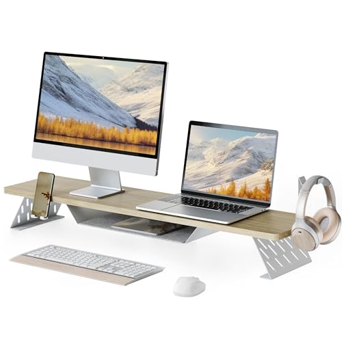 Fenge Dual Monitor Stand, Wooden Desk Shelf with Headphone & Phone Holder | 42.5" Monitor Riser with Storage Shelf, 2-Tier Monitor Shelf with Metal Leg for Home Office Organizer, Oak - color: Oak