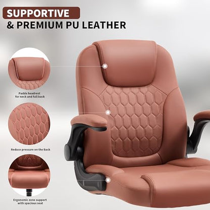 Leather Office Chair Swivel Lumbar Support for Short People Brown - color: Brown