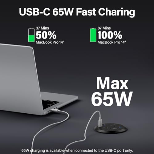 Recessed Power Grommet 65W USB-C,2 Outlets,Flush-Mount,Black | 3inch Hole Flush-Mount for Desktop,Workspace Essential Desk Outlet,ETL Listed - color: Black