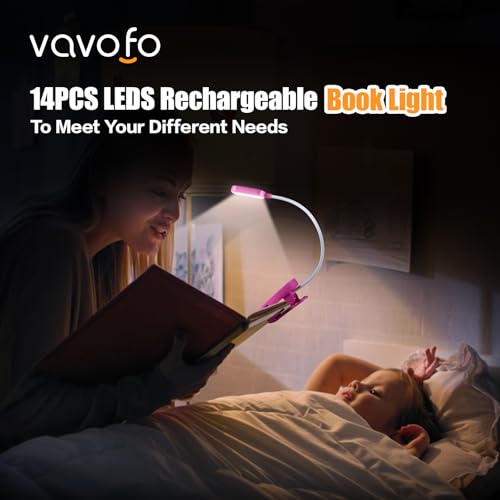 VAVOFO Rechargeable Book Light, 14 LEDs Eye Care Clip On Amber Reading Light for Bookworms Reading in Bed with 9 Colors 9 Brightness (Rose) - color: Rose