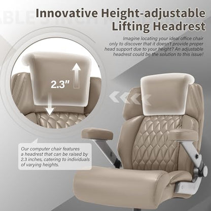 Big and Tall Office Chair 700lbs, Ergonomic High Back Computer Desk Chair | Adjustable Headrest&Lumbar Support, 3D Flip Arms, Large Wheels, Heavy Duty Metal Base, Thick Padded Wide Seat Executive Chair - color: Khaki