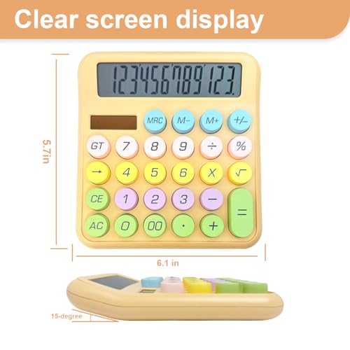 Cute Desktop Calculator, 12 Digits Large Calculator with Clear LCD Display and Large Button, Solar/Battery Powered, Basic Calculator for Business, Office, Home, School, Class (Khaki)