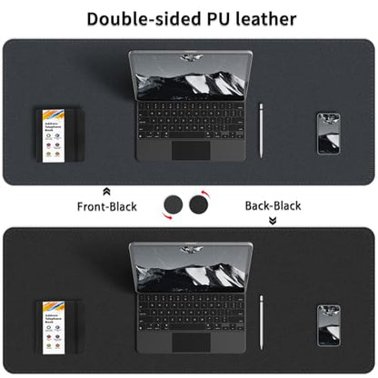 Bleswin Multifunctional Large Desk Mat, Double Sided Computer Desk pad, Extended Mouse Mat, Office Desk Protector with Waterproof PU Leather, 35.4''×16.9'', Office Home Writing Pad (Black+Black) - color: Black, size: 35.4'' × 16.9''