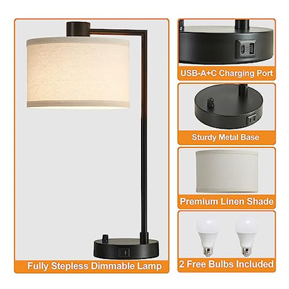 Luvkczc Table Lamp for Bedroom Set of 2 with USB C+A Ports, Fully Stepless Dimmable Bedside Lamp with Linen Lampshade, Contemporary Lamp for Living Room Reading Office, 2 LED Bulbs Included (Black) | Nightstand Lamp with Linen Lampshade, 2 LED Bulbs Inclu