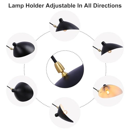 Modern 2-Light Swing Arm Plug In Wall Lamp, Adjustable Industrial Wall Sconces For Bedroom, Retro Cordless Beetle-Shade Wall Light Fixtures For Living Room, Wall Mounted Reading Lamp, Black