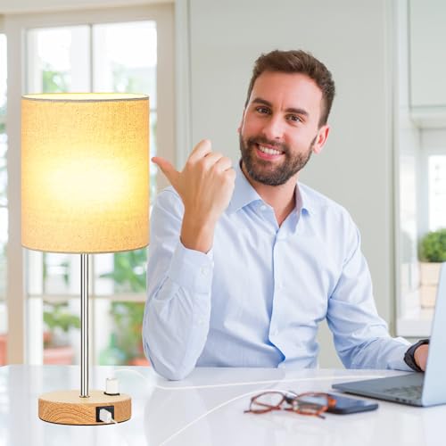 Lynnoland Set of 2 Touch Wood Table Lamps, Bedroom Lamps with 2 USB AC Outlet, 3-Way Dimmable Bedside Nightstand Lamps for Bedroom Living Room Nursery, 800 Lumens 2700K Bulbs Included - color: Cream & Wood (Base) - 2700K