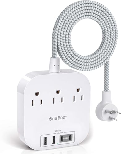 One Beat Power Strip with USB C, 3 Outlets 4 USB Ports, 10ft Braided Extension Cord, 22.5W Desktop Charging Station, Flat Plug, Non Surge Protector, Home Office Cruise Travel, ETL Listed, White - color: White, size: 10Ft