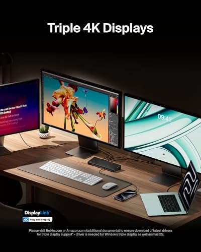 Belkin Docking Station 15 in 1 Triple DisplayLink 85W PD 4K HDMI USB-C Dock | DisplayLink triple 4K display, 3 HDMI, 2 DisplayPort, 5 USB-A ports, 3.5mm mic/speaker, Windows, laptop expansion hub - style: 15-in-1, Triple Display, 85W