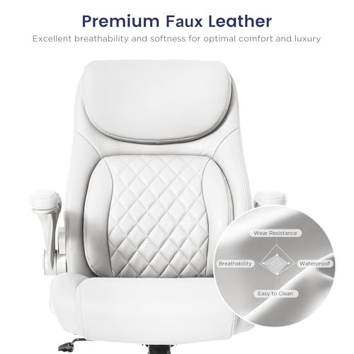 Nouhaus Ergonomic Office Chair Premium Leather Adjustable Lumbar Support & Armrests, High Back Comfy Desk Gaming Chairs Executive Computer Swivel Chair Tilt Function(Posture,White) - color: White