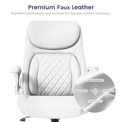 Nouhaus Ergonomic Office Chair Premium Leather Adjustable Lumbar Support & Armrests, High Back Comfy Desk Gaming Chairs Executive Computer Swivel Chair Tilt Function(Posture,White) - color: White