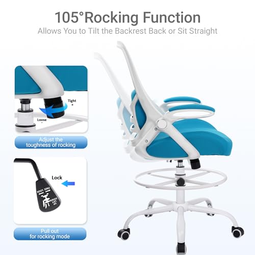HYLONE 400lbs Heavy Duty Drafting Chair 5" Thickened Seat Office Chair with Flip-Up Armrests Tall Ergonomic Computer Chair with Lumbar Support and Adjustable Footrest Ring Standing Desk Chair (Blue) - color: Blue