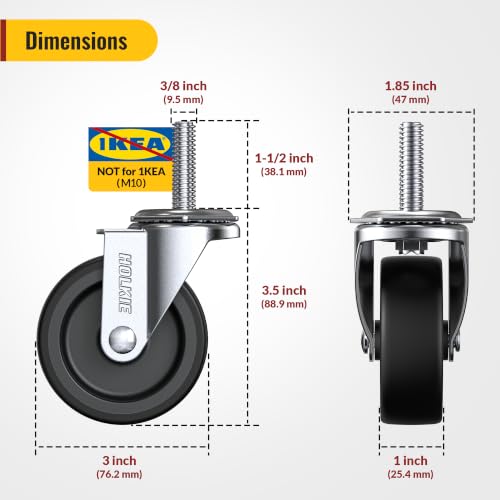 HOLKIE Caster Wheels 3 inch with No Brake Stem Casters, 3/8" -16 x 1-1/2" (Stem Diameter 3/8", Stem Length 1-1/2") Threaded Swivel Casters Set of 8 Heavy Duty Castors Black - color: Black-8Pack, size: 3/8" -16x 1-1/2"