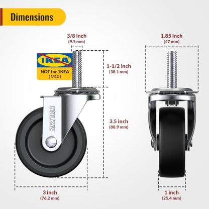 HOLKIE Caster Wheels 3 inch with No Brake Stem Casters, 3/8" -16 x 1-1/2" (Stem Diameter 3/8", Stem Length 1-1/2") Threaded Swivel Casters Set of 8 Heavy Duty Castors Black - color: Black-8Pack, size: 3/8" -16x 1-1/2"