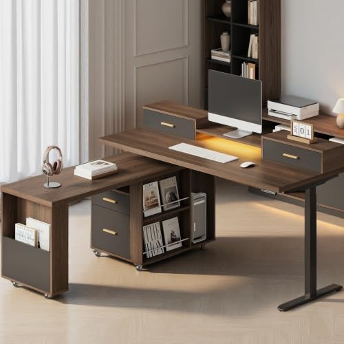 61'' L Shaped Electric Standing Desk, 360° Rotating, 4 Drawers | Height Adjustable Desk with LED Light, Monitor Riser & File Cabinet, Sit Stand Home Office Desk, Power Outlet, Black Walnut