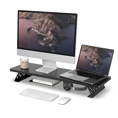 Fenge Monitor Stand Riser, Wooden & Metal Desk Shelf Organizer, Black - color: Black, size: 31.5 Inch