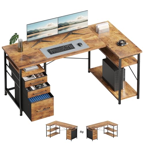 Maihail L Shaped Desk with Drawers, Office Desk Storage for Small Space, Rustic Brown - color: Rustic Brown, size: 55Inches