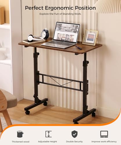 KLSMYHOKI Standing Desk Adjustable Height, Mobile Stand Up Desk with Wheels | Small Computer Desks Rolling Desk, Portable Laptop Desks Rustic Standing Table Home Office Desks 16"x31.5" Height 27"-43.5" - color: Rustic