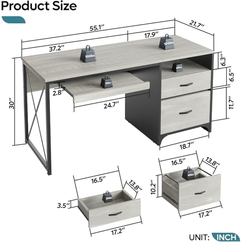 Bestier Office Desk with Drawers, 55 inch Industrial Computer Desk with Storage, Wood Teacher Desk with Keyboard Tray & File Drawer for Home Office, Wash White - color: Wash White