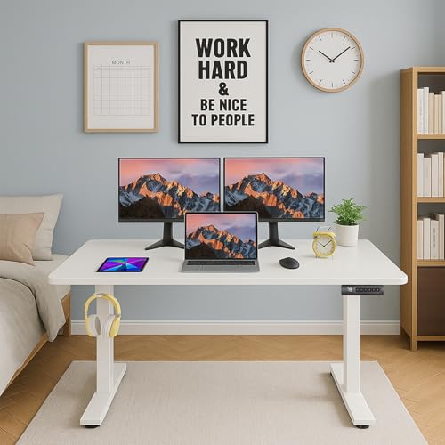 Electric Standing Adjustable Height Desk, 55'' x 24''Computer Workstations with Wheels and Double Hooks, 27''-46'' Lifting Range Stand up Desk(White) - color: White, size: 55 x 24''