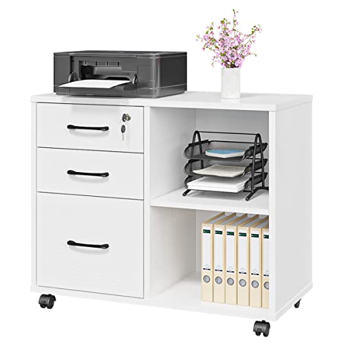 Panana 3 Drawer Office File Cabinets, Mobile Lateral Printer Stand with Open Storage Shelf, Rolling Filing Cabinet with Wheels Home Office Organization and Storage (White) - color: White