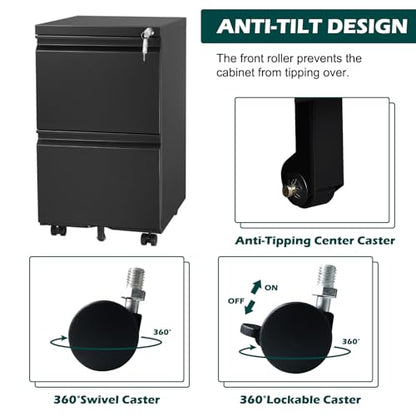 2 Drawer Mobile File Cabinet with Lock,Rolling File Cabinet, Under Desk Mobile Filing Cabinet,File Cabinets for Home Office,Storage 2 Drawer Mobil Filing Cabinet for A4/Legal/Letter,Balck - color: Black, style: 2A
