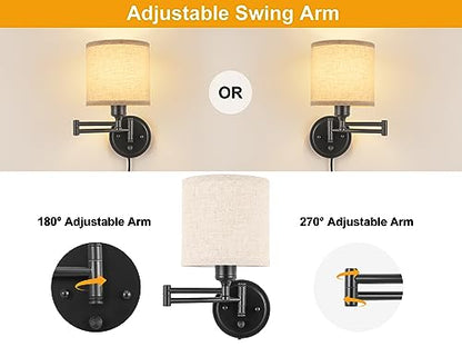 Plug in Wall Sconces with Remote Control, Dimming 10%-100% & Adjustable Colors 2700K-6500K, Hardwire or Plug-in, Swing Arm Wall Lamp with Linen Fabric Shade, Wall Sconces Set of Two, Black Finish - color: Linen(Bulbs+Remote)
