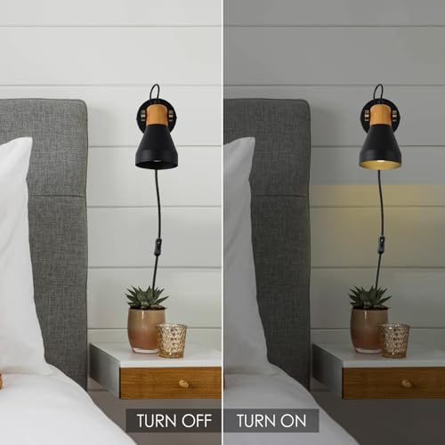 Modern Plug-in Wall Sconces, Matte Black | Adjustable Reading Light, Real Wood Accent, For Bedroom, Living Room, Apartment, Home Office - color: Matte Black+Wood Accent