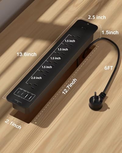 Recessed Power Strip Extension - 10 Outlet Surge Protector with 6 AC - 2 USB-A（18W） and 2 USB-C（PD20W） Ports - Flush Mount Desk Outlet with 6 Feet Cord - for Conference Table (Black) - size: 6 Outlets, style: Desk Socket - Black
