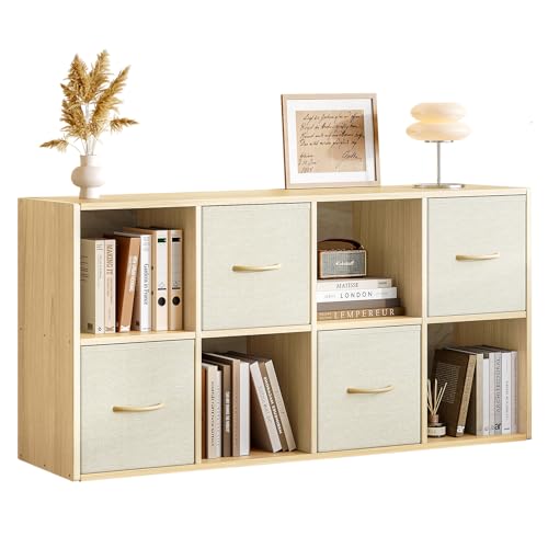 EXPERLAM 8 Cube Storage Organizer - Solid Wood Bookshelf with 4 Storage Bins, Cube Shelf with 2 Removable Back Panels, Vertical or Horizontal Bookcase, Open Book Shelf for Bedroom, Living Room, Office - size: 8 Cube Shelf