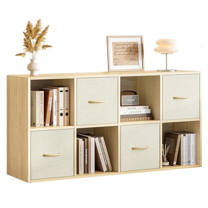EXPERLAM 8 Cube Storage Organizer - Solid Wood Bookshelf with 4 Storage Bins, Cube Shelf with 2 Removable Back Panels, Vertical or Horizontal Bookcase, Open Book Shelf for Bedroom, Living Room, Office - size: 8 Cube Shelf
