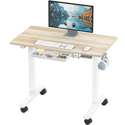 SHW Mobile Electric Height Adjustable Standing Desk w/Drawer, Maple | 40" Wide Top | w/ Memory Presets and Cable Management | Drawer with adjustable compartments | Hanging Hooks - color: Maple