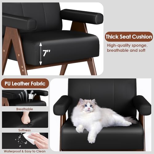 JIASTING Mid Century Modern Accent Chair Set of 2, Black Leather Armchair | JIASTING, Small, Comfy, Wood Arms, Living Room Bedroom, Office - color: Black