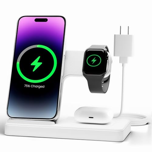 GETPALS Wireless Charger iPhone Charging Station for Apple Multiple Devices | 3 in 1 Charger Stand for iPhone 17 Pro Max 17e 16 16e 15 14 13 12 & Watch Series 11-2 SE Ultra & Airpods 4 3 Pro, White - color: White